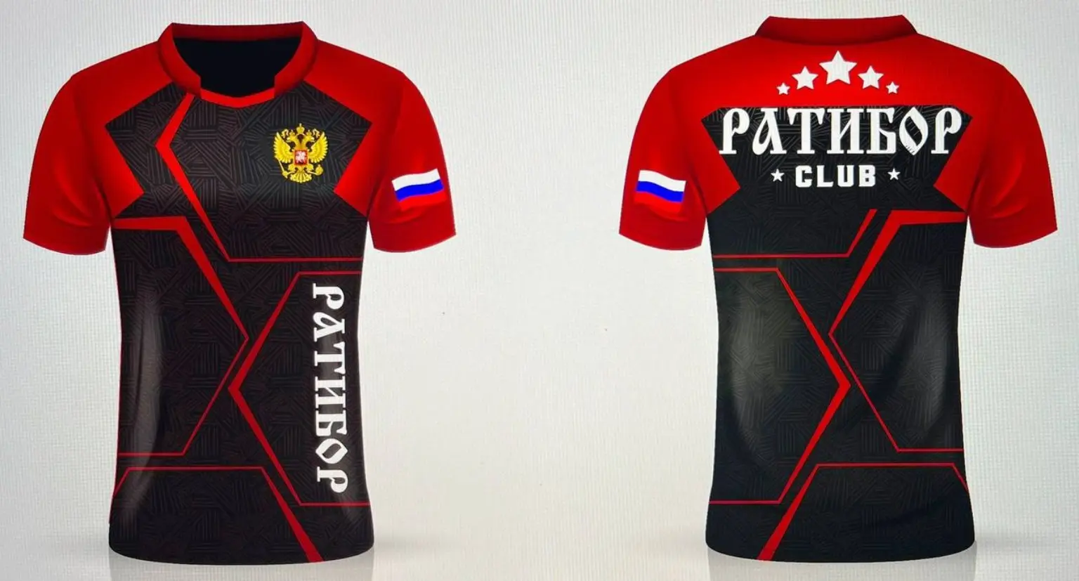 Красно-черная футболка Ратибор, вид спереди и сзади
